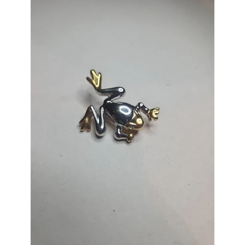 LIA SOPHIA Gold Silver 2-Tone Frog Pin Brooch Clear Rhinestone Eyes~2 1/2
